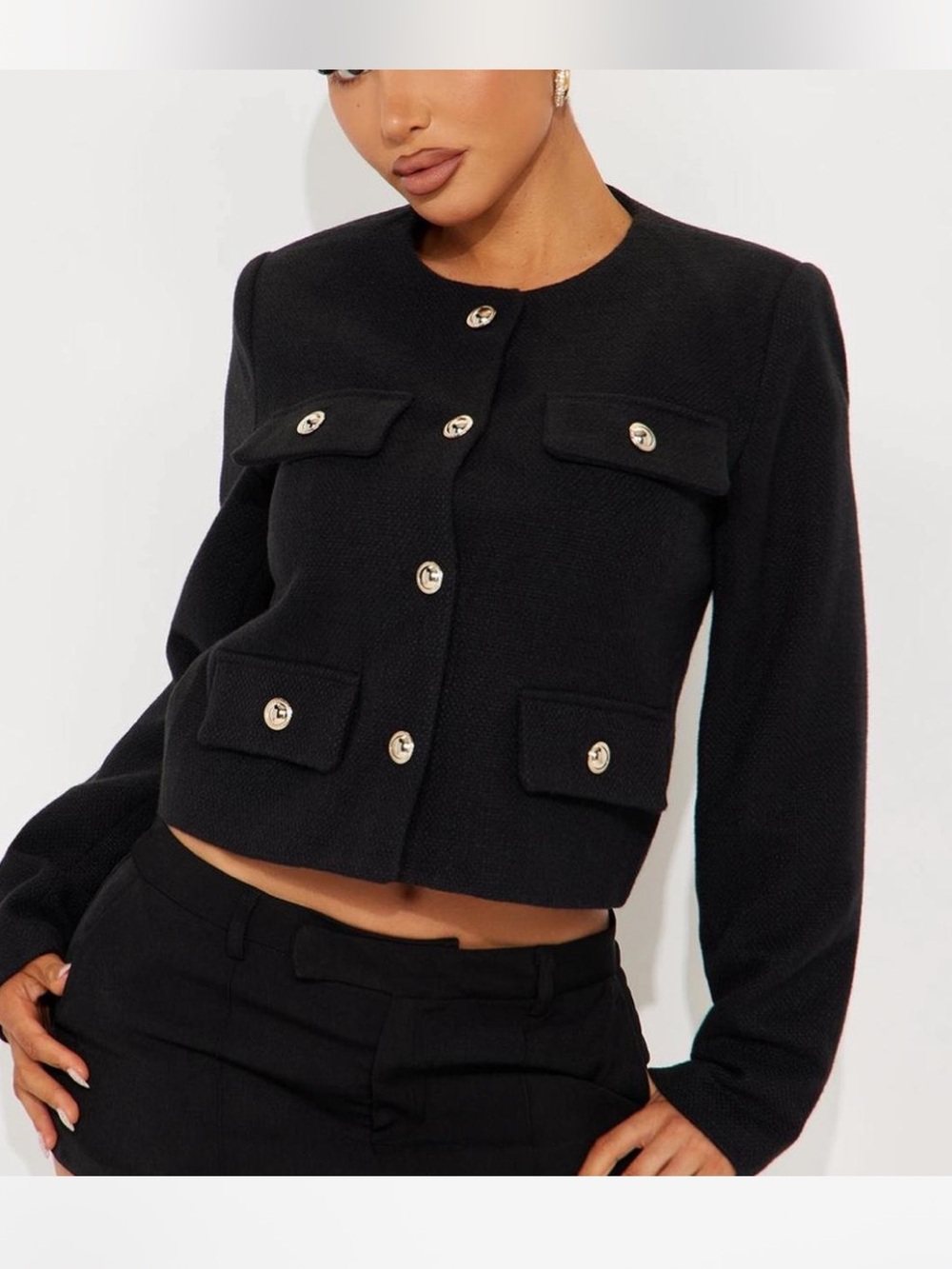 Black Cropped Pocket Blazer with Gold Buttons